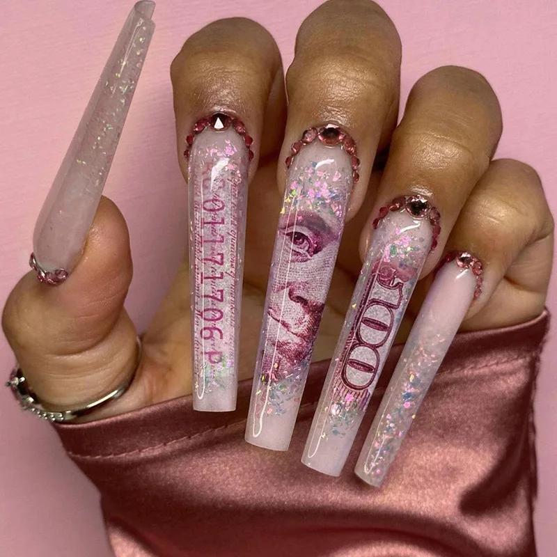 24Pcs Gold Leaf Wearable Coffin Fake Nail Tips with Ink Fainting Designs Long Ballerina False Nails Press on Nails Art Manicure