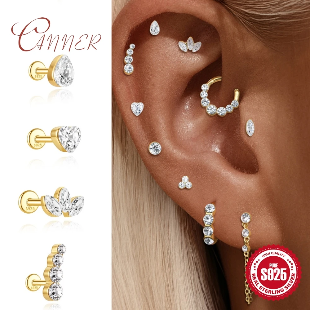 CANNER 925 Sterling Silver Heart/Clover/Crown Borderless Diamond for Women Flat Back Spiral Piercing Earrings Fine Jewelry