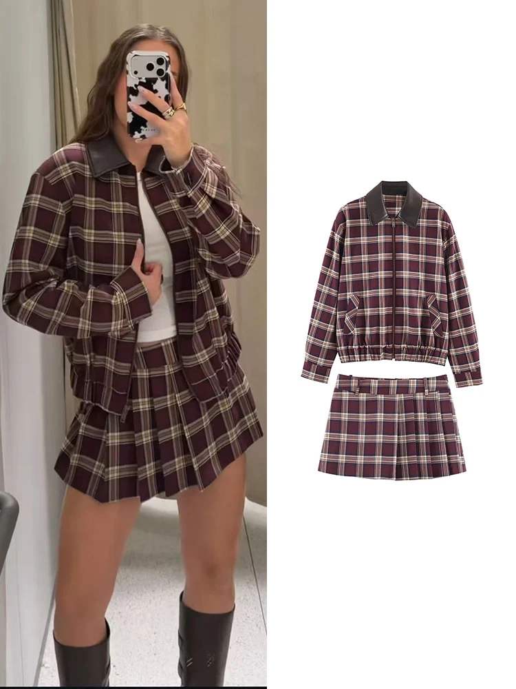 

New Women's Plaid Skirts Suit Casual Faux Leather Neck Loose Jacket Coat Mini Pleated Shorts Skirt Two-Piece Set Fashion Set