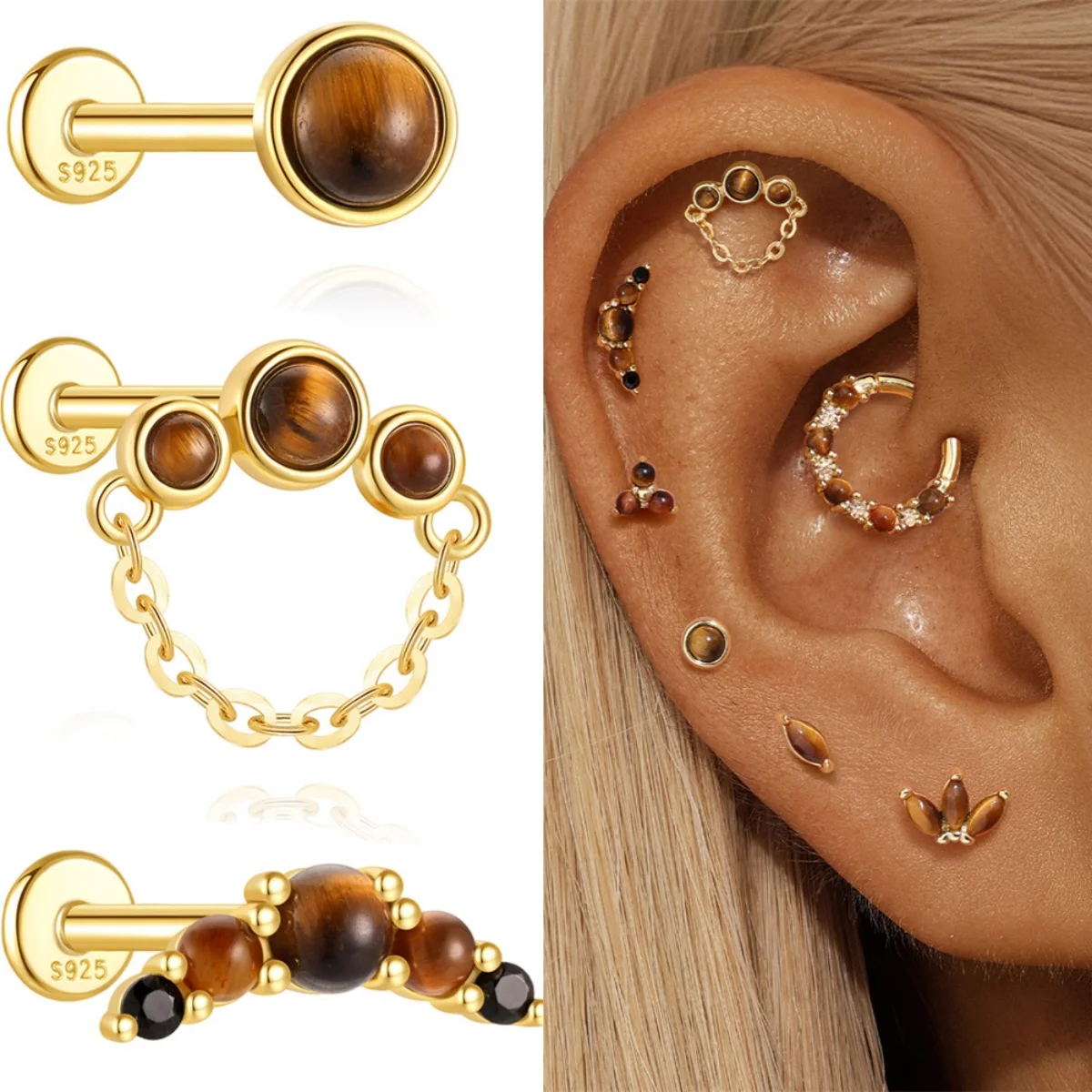 

BOAKO Natural Tiger's Eye stone Stud Earrings for Women 925 Sterling Silver Helix Flat back Stud Piercings Fashion Jewelry 피어싱