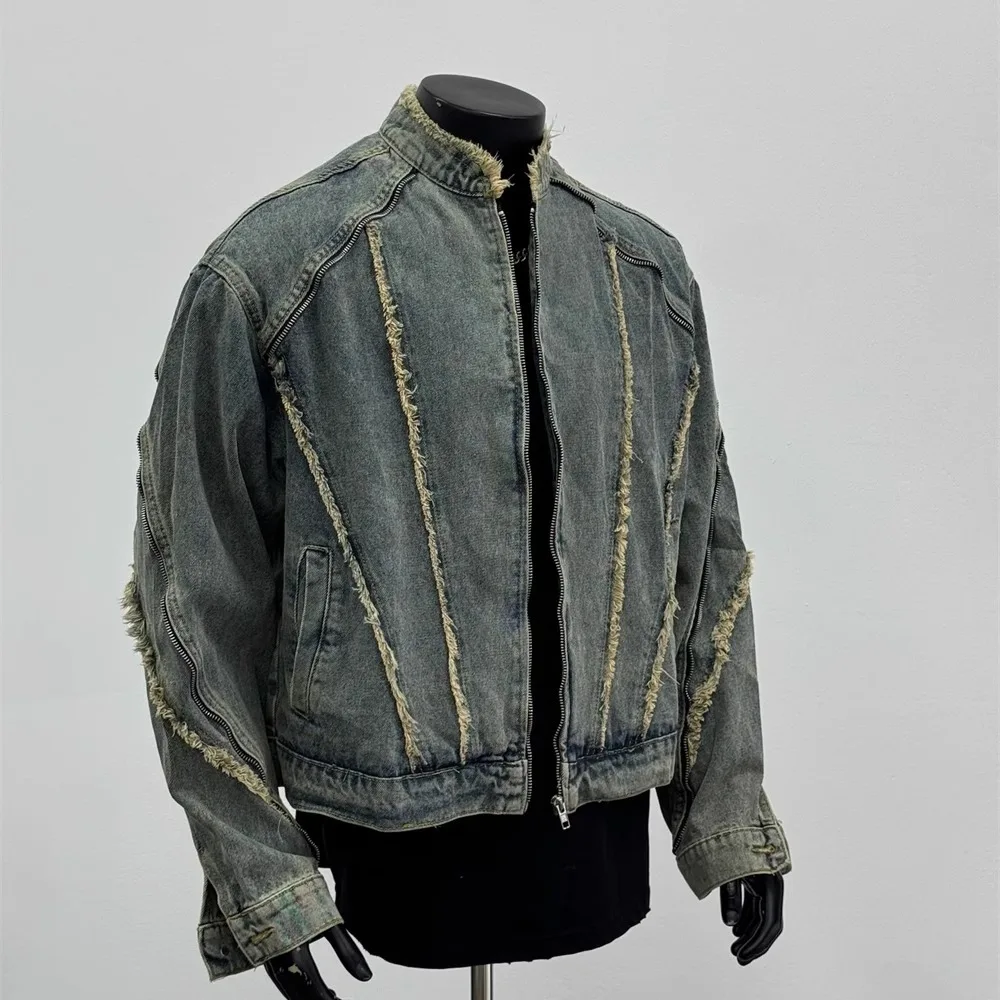 American retro denim jacket deconstructed breasted washing denim jacket men high street Hip-hop fur edge splicing couple coat