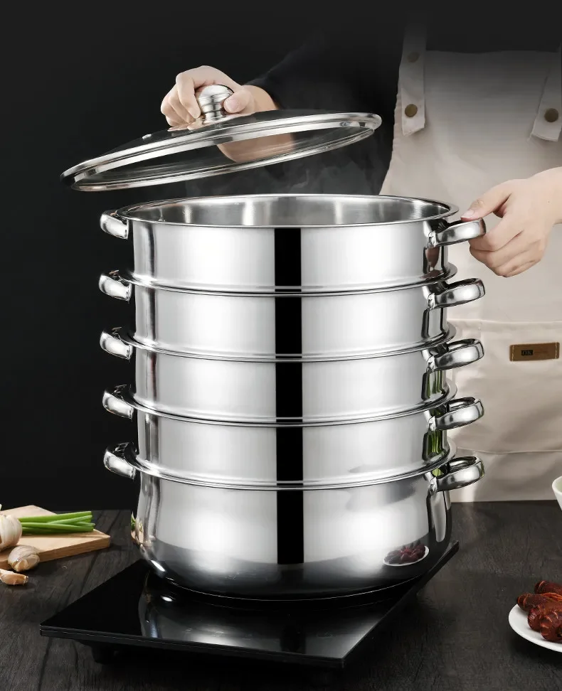Large Capacity 4-Layer Steamer Pot, Commercial Grade Stainless Steel with Thick Bottom for Restaurant and Home Kitchen