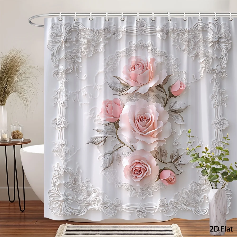 

Vintage Romantic Floral Shower Curtain - Pink Roses Silver Leaves Lace Design - Indoor Home Bathroom Decor Art Bath Curtain