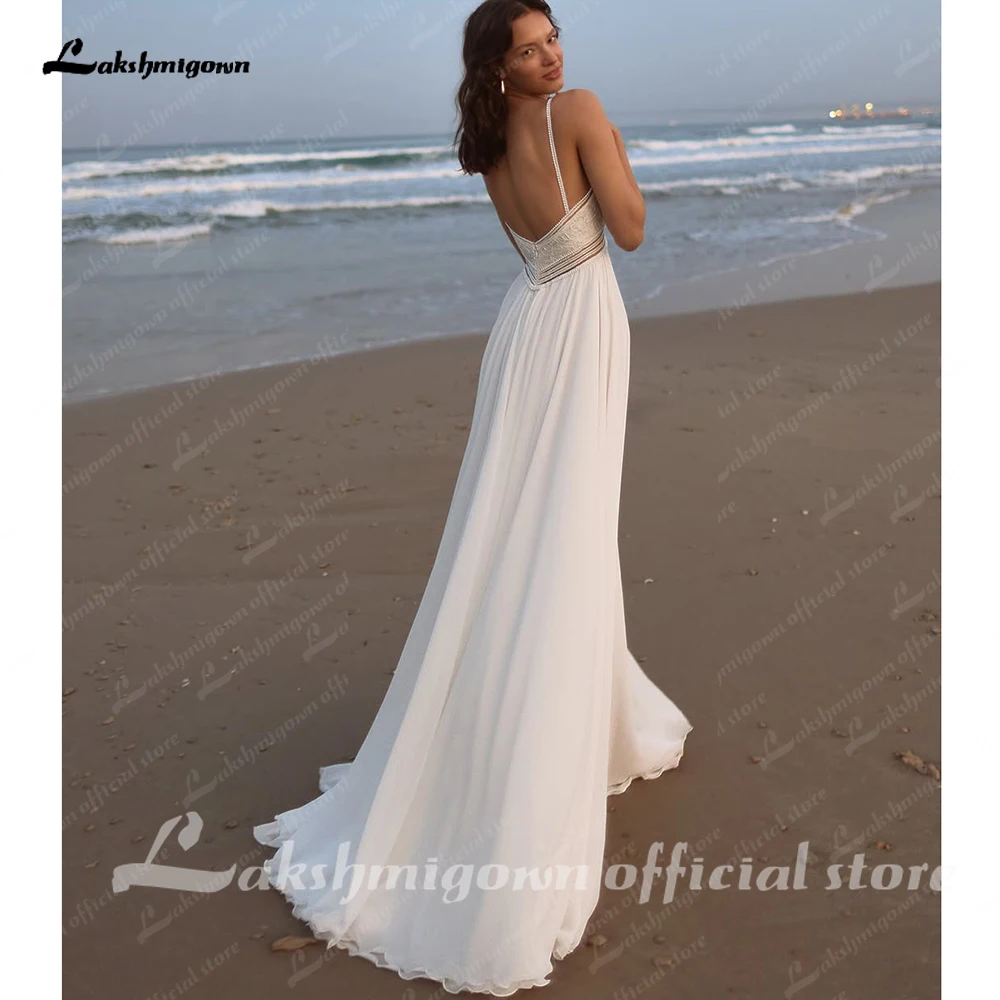 Lakshmigown Bohemian Strand-Hochzeitskleid mit V-Ausschnitt und Schlitz an der Seite, 2027 Rückenfreies Brautkleid nach Maß – Detail 6