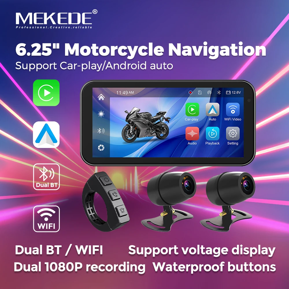 MEKEDE 6.25" GPS portable pour moto, écran étanche IP67, Carplay sans fil, Android Auto, enregistrement double 1080P, double canal BT, multiples thèmes d'interface utilisateur, livraison rapide depuis l'entrepôt UE