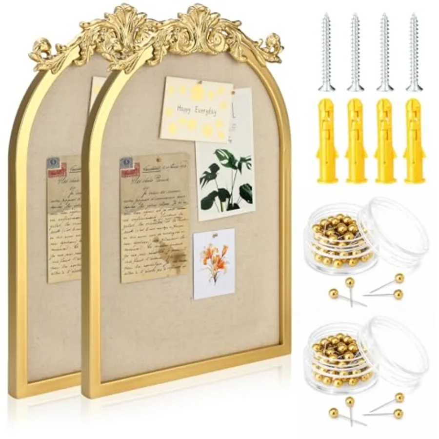 

2 Sets Vintage Arched Pin Board Gold Linen Bulletin Board Decorative Pin Boards for Walls Retro Framed Display Pinboard Memo wi