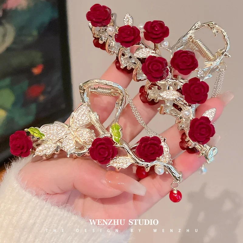 Rose Butterfly Tassel Hair Claws Shiny Crystal Hair Clip Shark Clip For Girls Exquisite Elegance Headdress Hair Accessoires