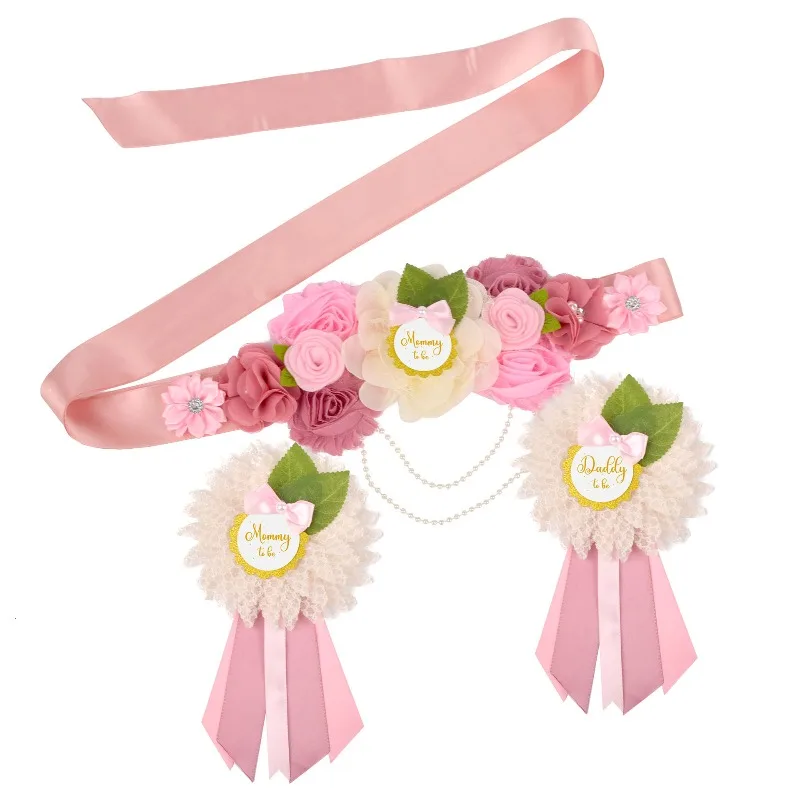 Baby Shower Sash Kit Blush Pink Flower Belt Daddy Corsage for Mom to Be Maternity Photo Shoot Props Gender Reveal Party Decor