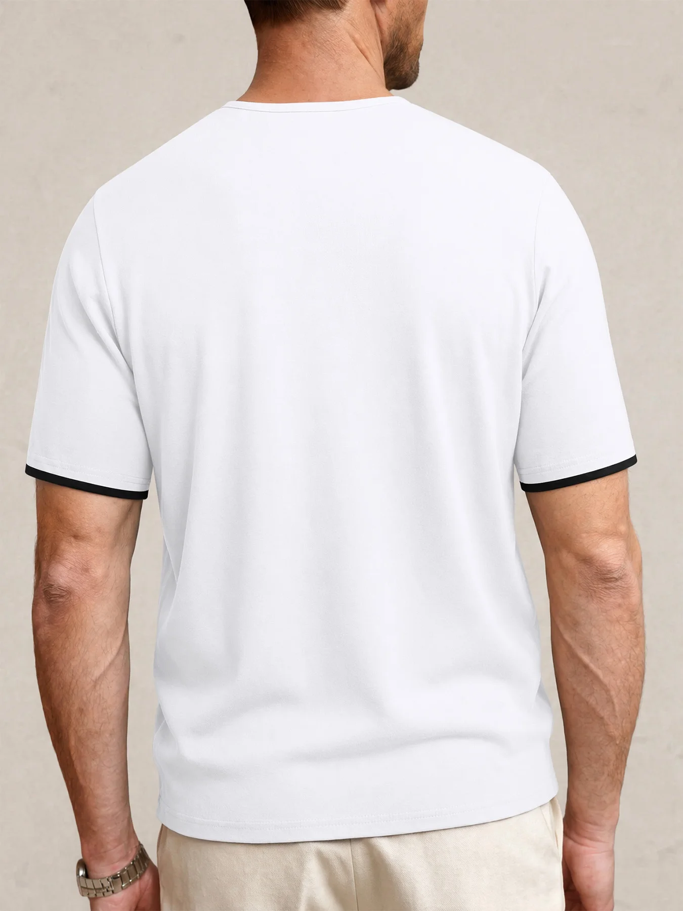 Men Fake Two Piece Notch Henley Neck T-Shirt Contrast Black Trim Cuff Short Sleeve Top Lightweight Soft Breathable Solid Color