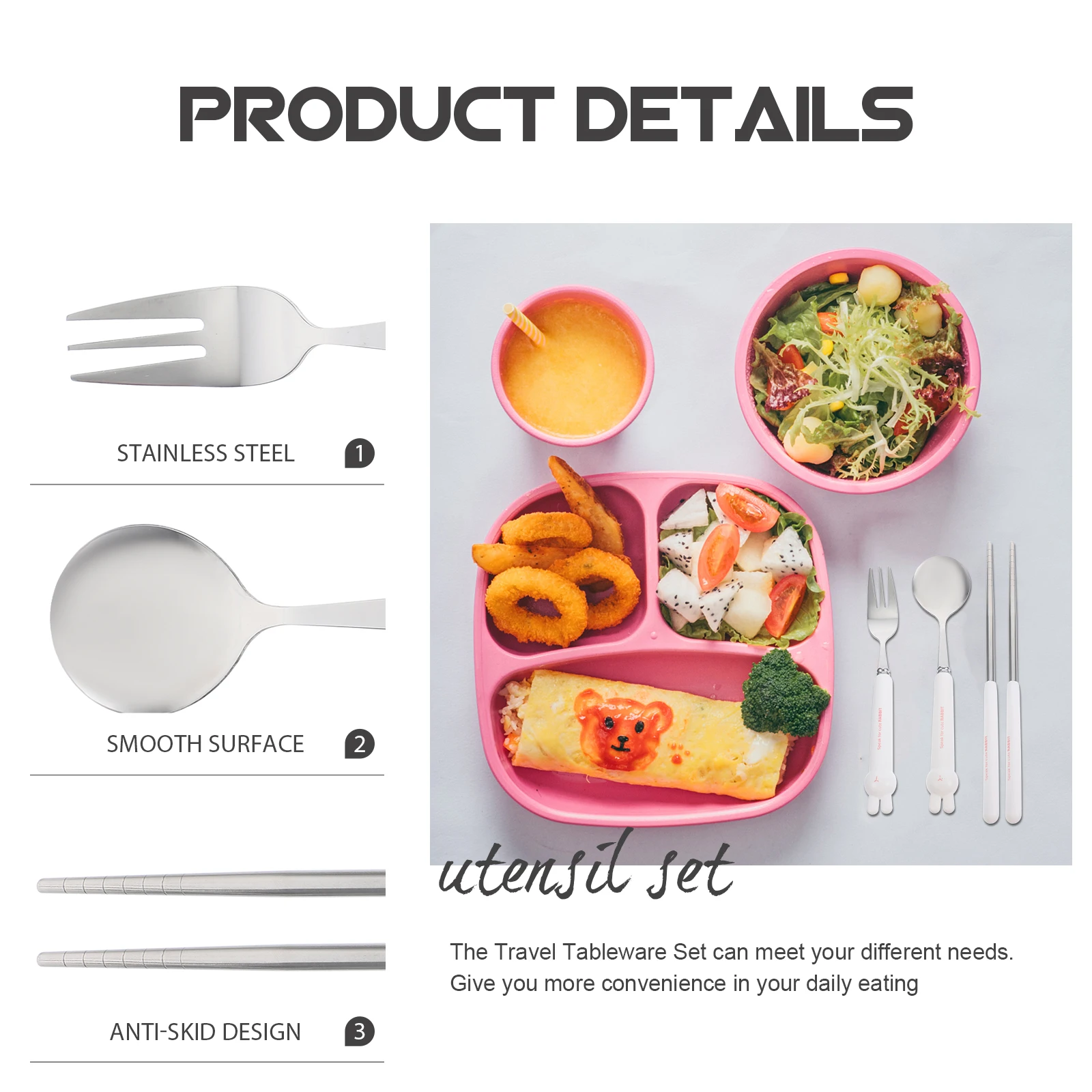 

1 Set Travel Tableware Set Stainless Steel Portable Cutlery Kit Reusable Fork Spoon Chopsticks With Case For Outdoor Office