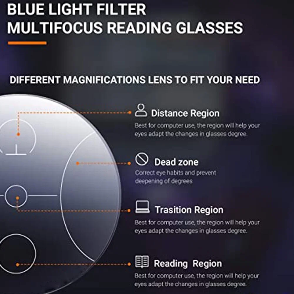 Kacamata baca multifokal progresif 3 dalam 1 untuk wanita kacamata anti-biru mudah dilihat jauh dan dekat + 1.0 hingga + 4.0