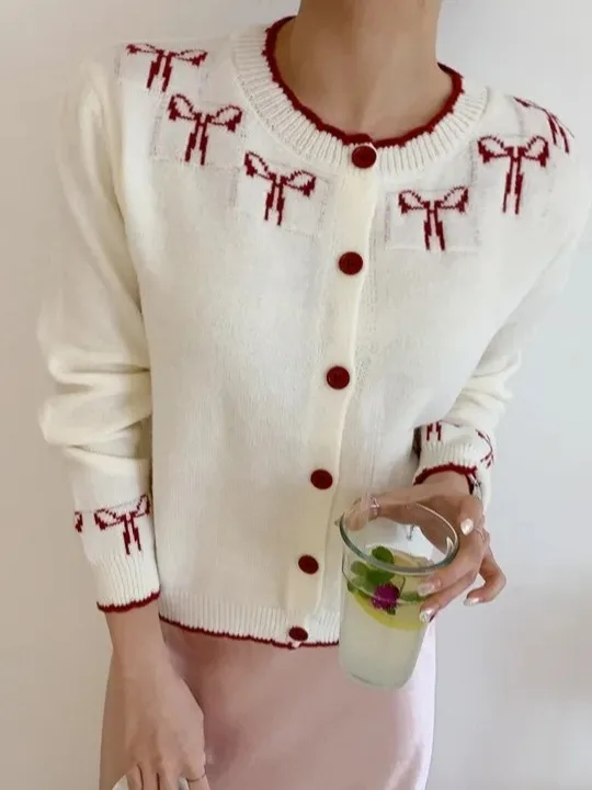 Elegancki sweter rozpinany damski na jesień i zimę, z węzłem, kolorowy, słodki, z kwiatowym haftem, przeciwstarzeniowy, dzianinowy, z okrągłym dekoltem...