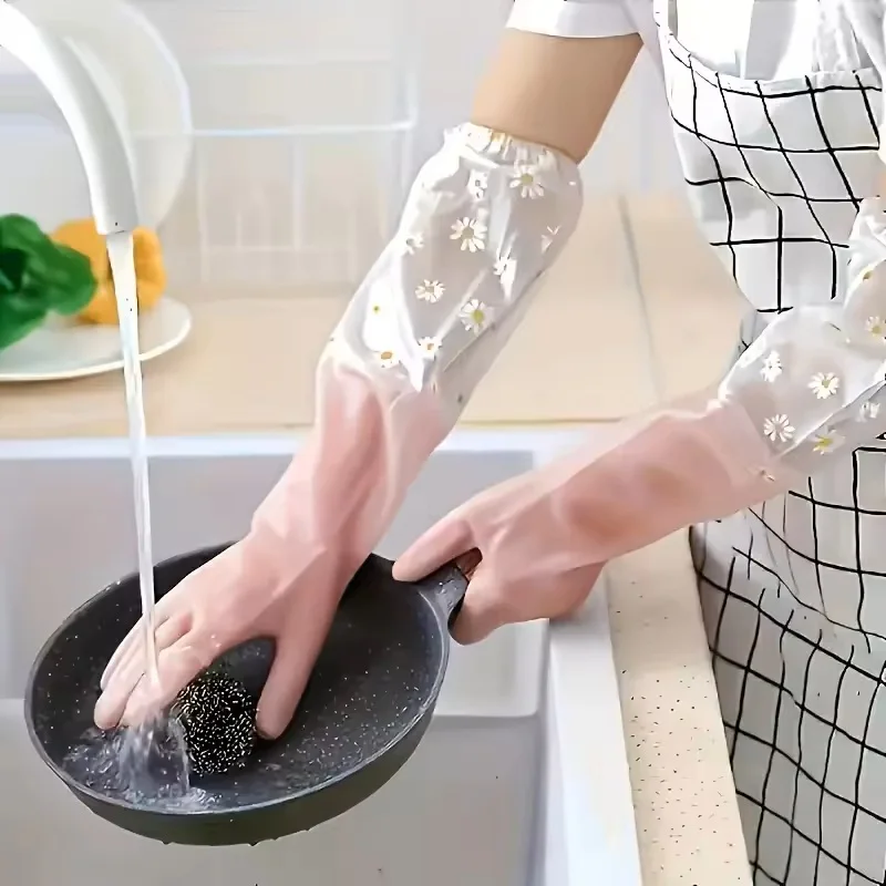 1Pair Durable Waterproof PVC Cleaning Gloves Non-Slip Dishwashing Gloves for Kitchen Household Laundry Gloves Multipurpose