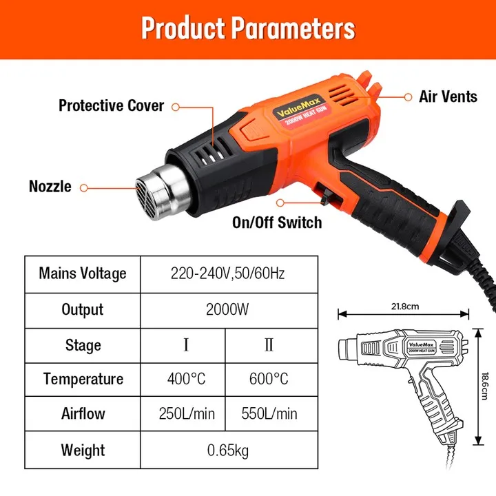 VALUEMAX-Adjustable Hot Air Gun with Four Nozzles, Mini Heat Gun, Thermal Blower, Shrink Wrapping, Construction, 2000W