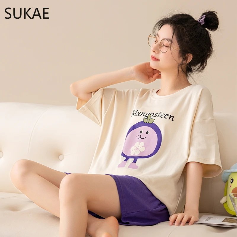 SUKAE 100% Pure Cotton Women Pajamas Summer Chic Cartoon Print Pijamas Girls Nightwear Short Sleeve Sleepwear O-neck Loungewear