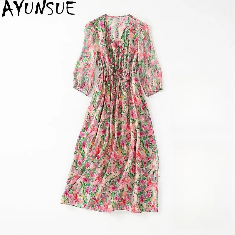 

AYUNSUE, элегантные платья из 100% тутового шелка для женщин, летнее платье, длинные платья во французском стиле, 2021, женская одежда, Roupas Feminina