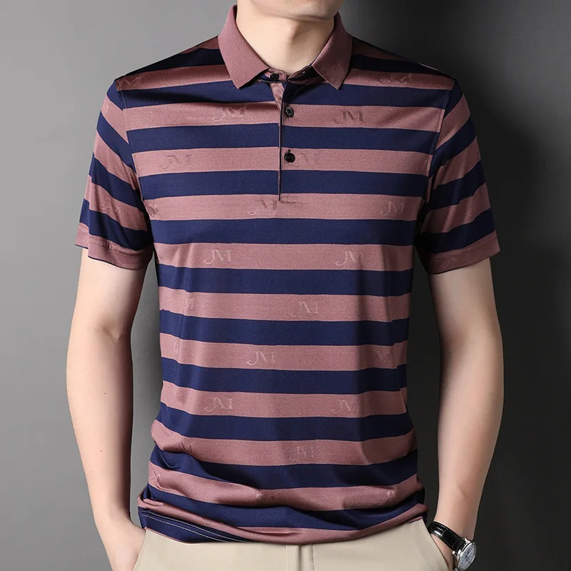 

2022 Summer Thin Mens Polo Shirts Hight Quality Short Sleeve Striped Casual Male Tops Fashion Slim Fit Jacquard Man Tees 3XL