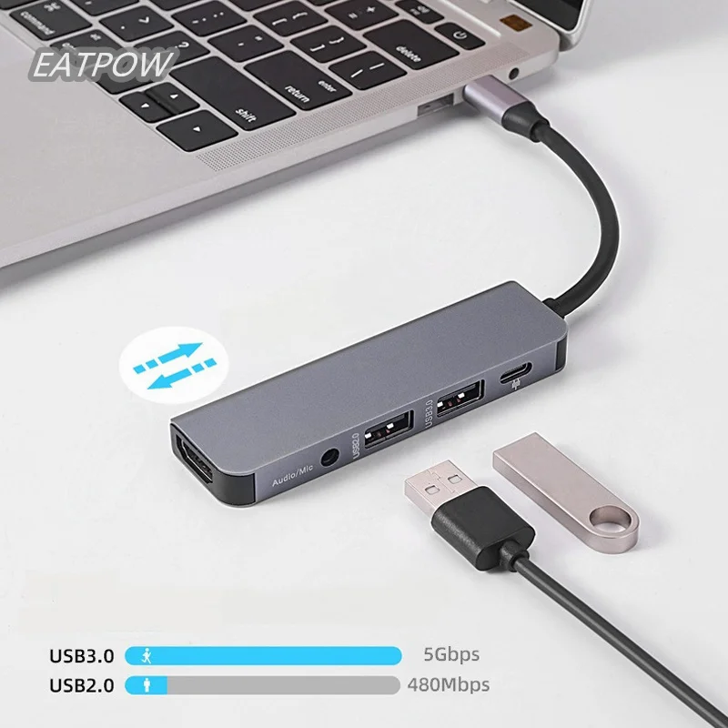 EATPOW TYPE-C TO HD MI+1*USB3.0+1*USB2.0+PD+ 1*3.5mm Audio Multifunction USB Type C HUB USB 3.0 for Macbook Pro