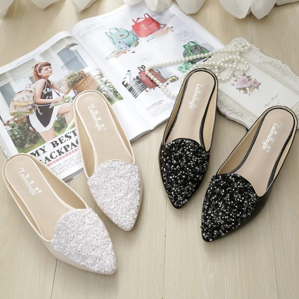 Dames Slippers Mode Sandalen Vrouwen Baotou Half Slipper Vrouw Zomer Buiten Puntige Strass Sandalen Platte Sandalen