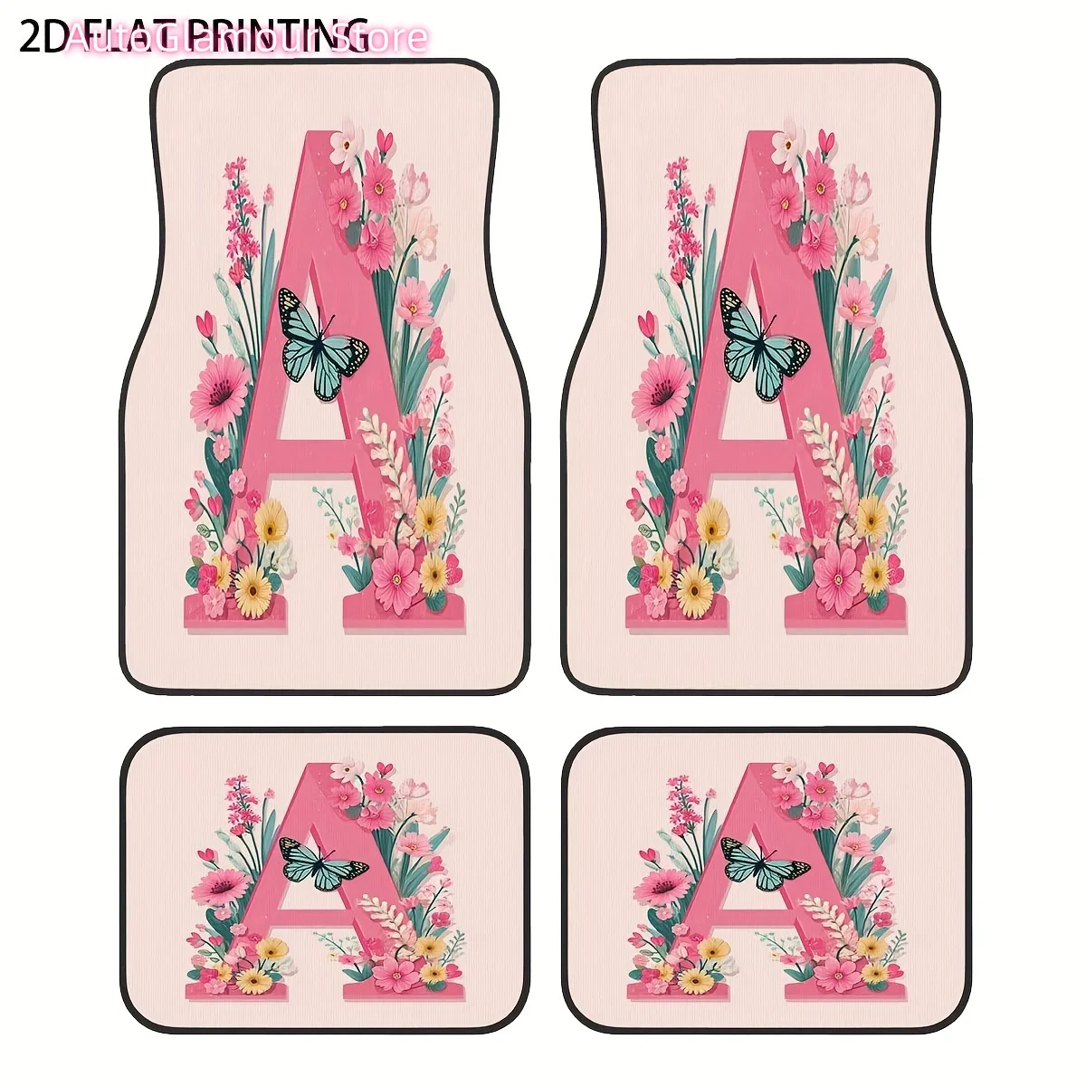 

4pcs Floral and Light Pink Car Floor Mats with A-Z Letter Pattern- All Seasons, Soft Non-Slip Driver/Passenger/Rear/Trunk Mats,