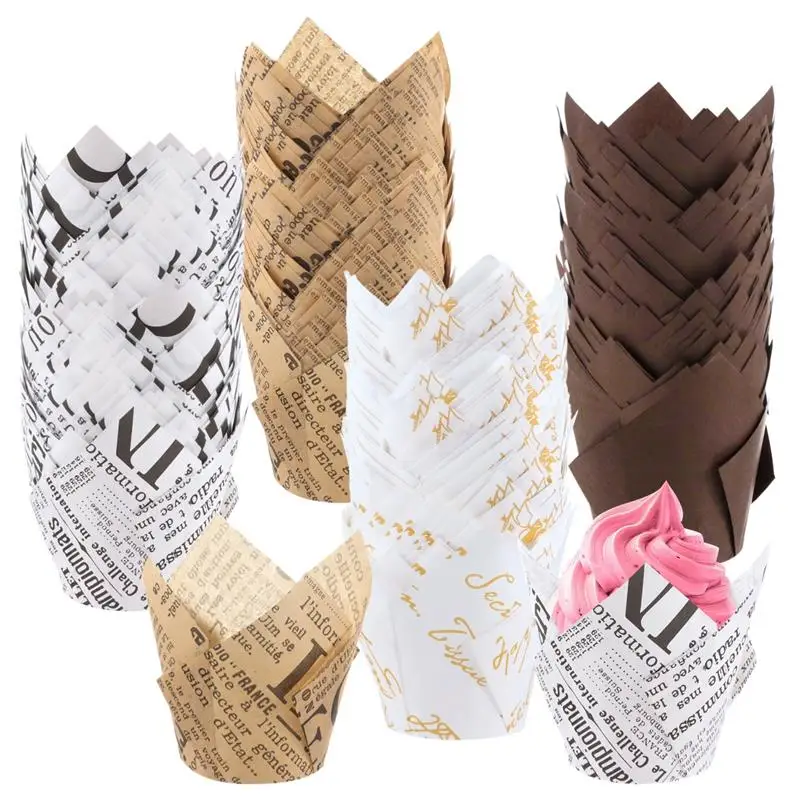 200Pcs Tulip Cupcake Liners Baking Paper Cups Muffin Baking Liners Mini Floral Cupcake Wrappers For Party Wedding Bridal Shower