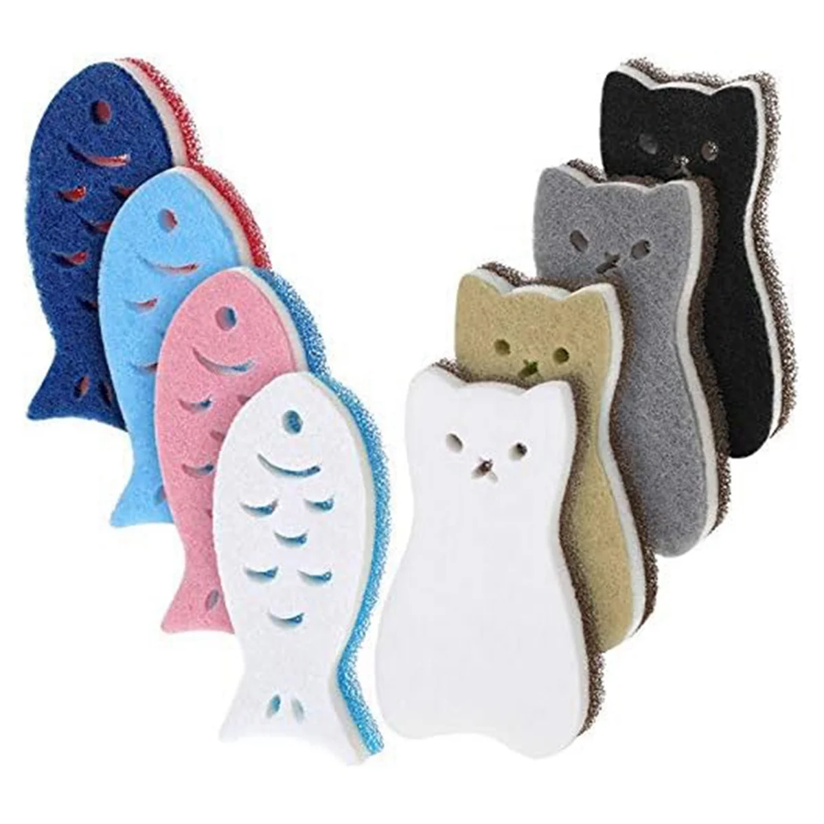 

8 Pieces Kitchen Scrub Sponges Cats Fish Cleaning Sponge Dishwashing Scrubber Non-Scratch Multi-Use Sponges