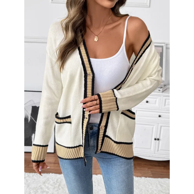 Nuevo Cárdigan de punto de otoño e invierno, suéter informal holgado de estilo perezoso con cuello en V, chaqueta