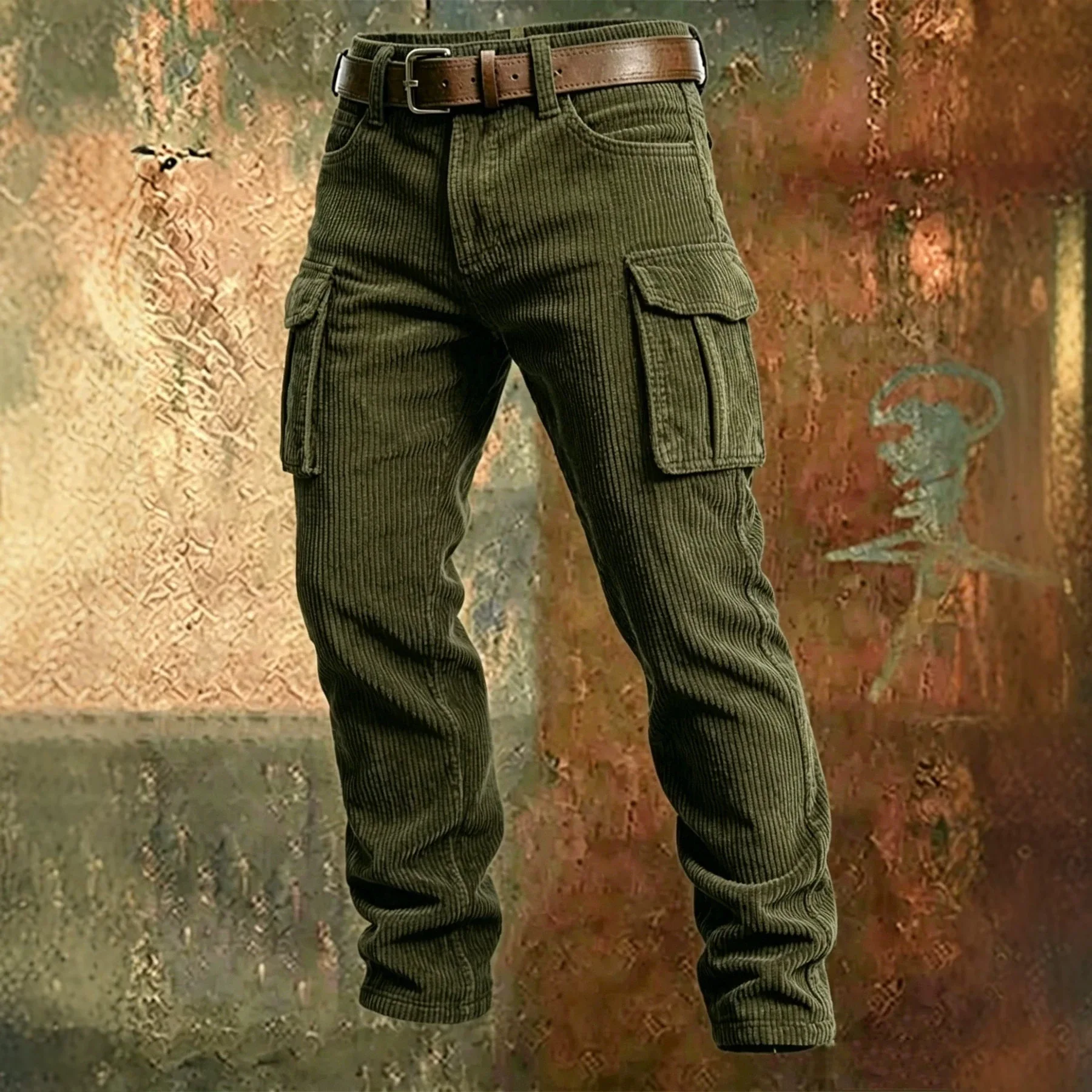 Trendy Men's corduroy casual multi pocket slim fit cargo pants, outdoor sports Men's multi-functional straight leg pants US size
