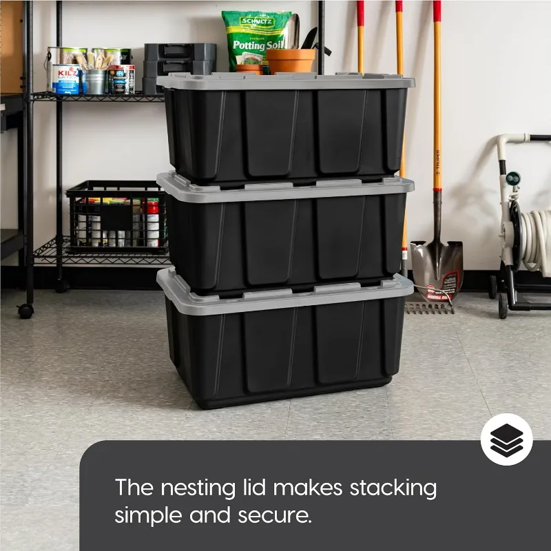 USA 27 Gallon Large Heavy Duty Storage Bins with Lids, 4 Pack - Made in USA, Snap On Lid Stackable Industrial Tough Totes