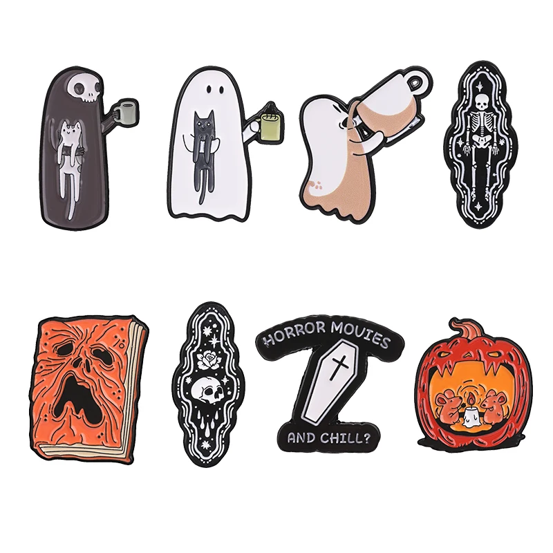 Horror Movies & Chill Skeleton Coffin Enamel Pin Halloween Ghost Book Skull Coffee Cat Brooch Bag Lapel Badge Punk Jewelry Gifts