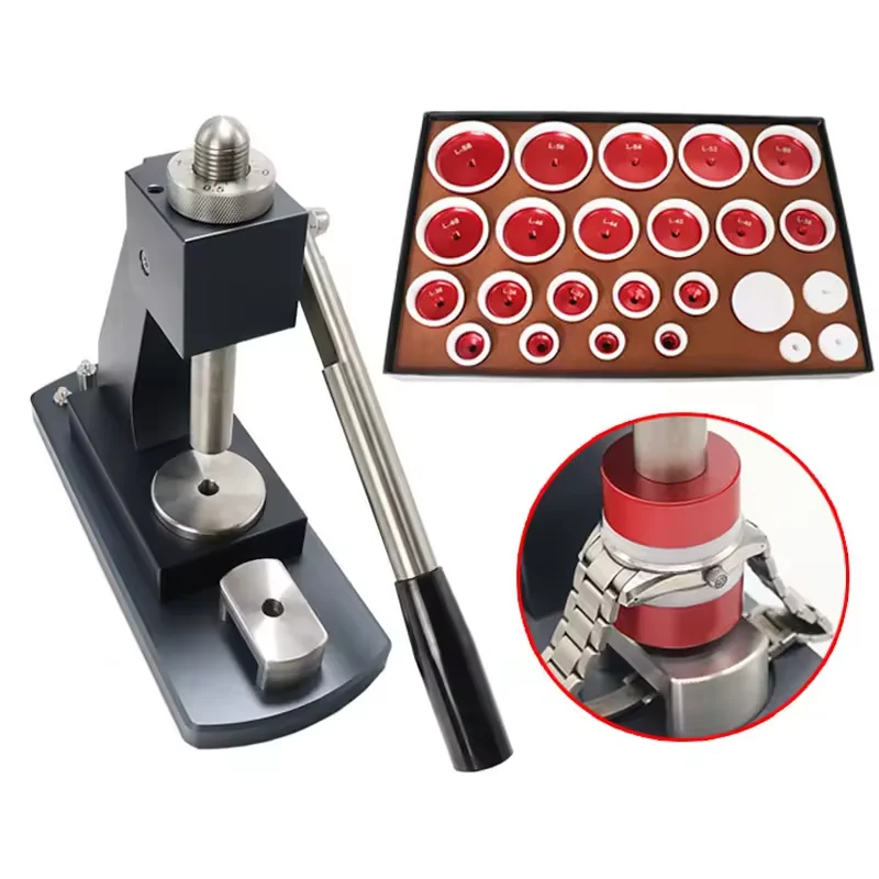 Watch Back Press Case Closer Glass Fitting Watchmaker Repair Tool Kit. with 24 Snap on Fitting Dies/Moulds