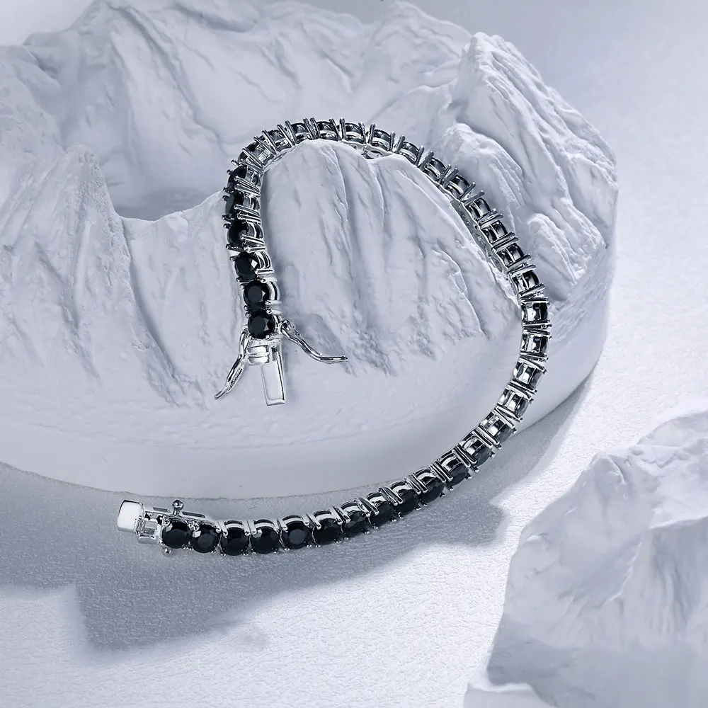 Nuoya Hip Hop 4mm Black Nano Zircon Tennis Bracelet Silver Plated Iced Out Black Diamond Chain for Man Women Gift 6-7inch