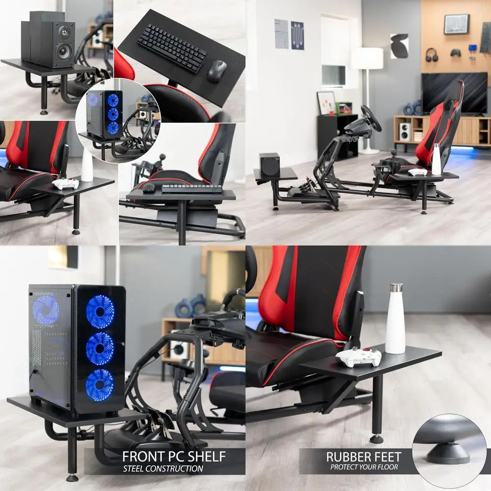 Racing Simulator Cockpit with Dual Shelves and PC Holder, Black
