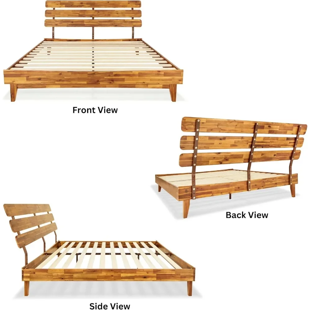 Caden 15 Inch Deluxe Bed Frame with Adjustable Headboard - Mid Century, Retro Style with Acacia Wood - No Box Spring Needed