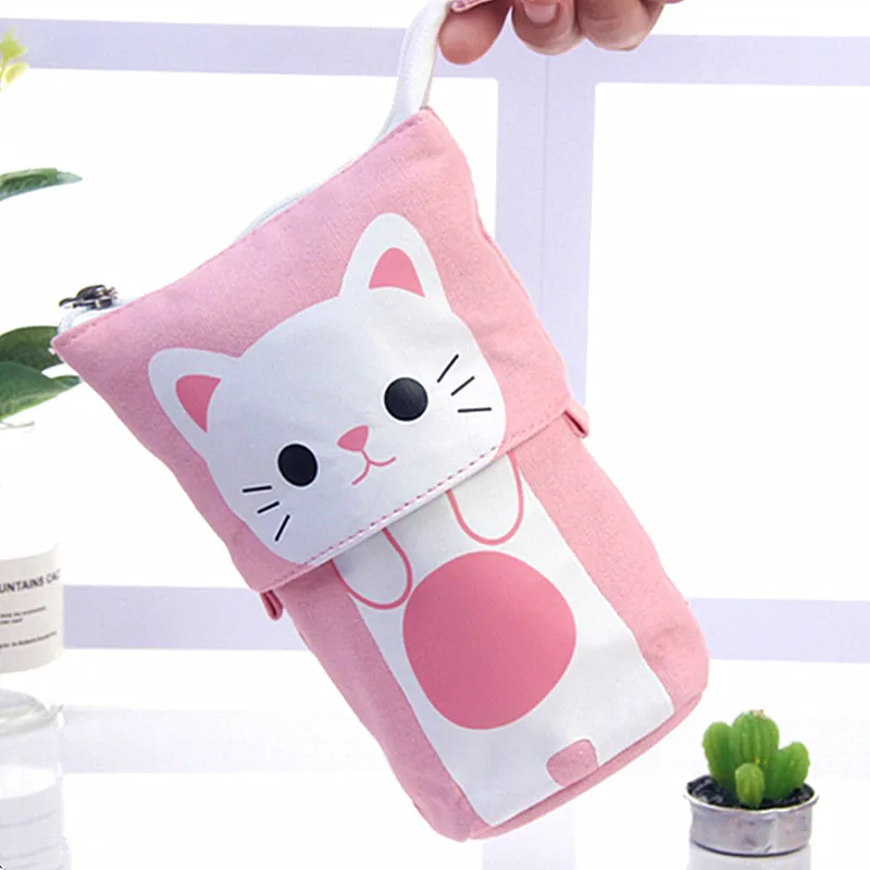 

Fashion Canvas Cat Pen Pouch Creative Retractable Pencilcase Student Stationery Woman Cosmetics Storage Bag Girl Party Gift