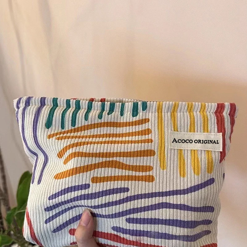 Colorful Stripes Corduroy Cosmetic Bag Portable Travel Toiletry Bag Skincare Sundries Aesthetic Makeup Storage Bag image 3