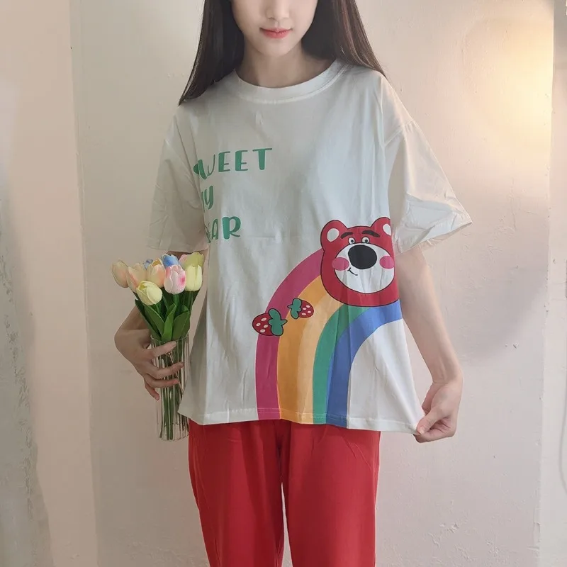 Pyjama à col rond ours fraise, ensemble pantalon à manches courtes, dessin animé Sanrio, doux et décontracté, vêtements de maison, printemps et été