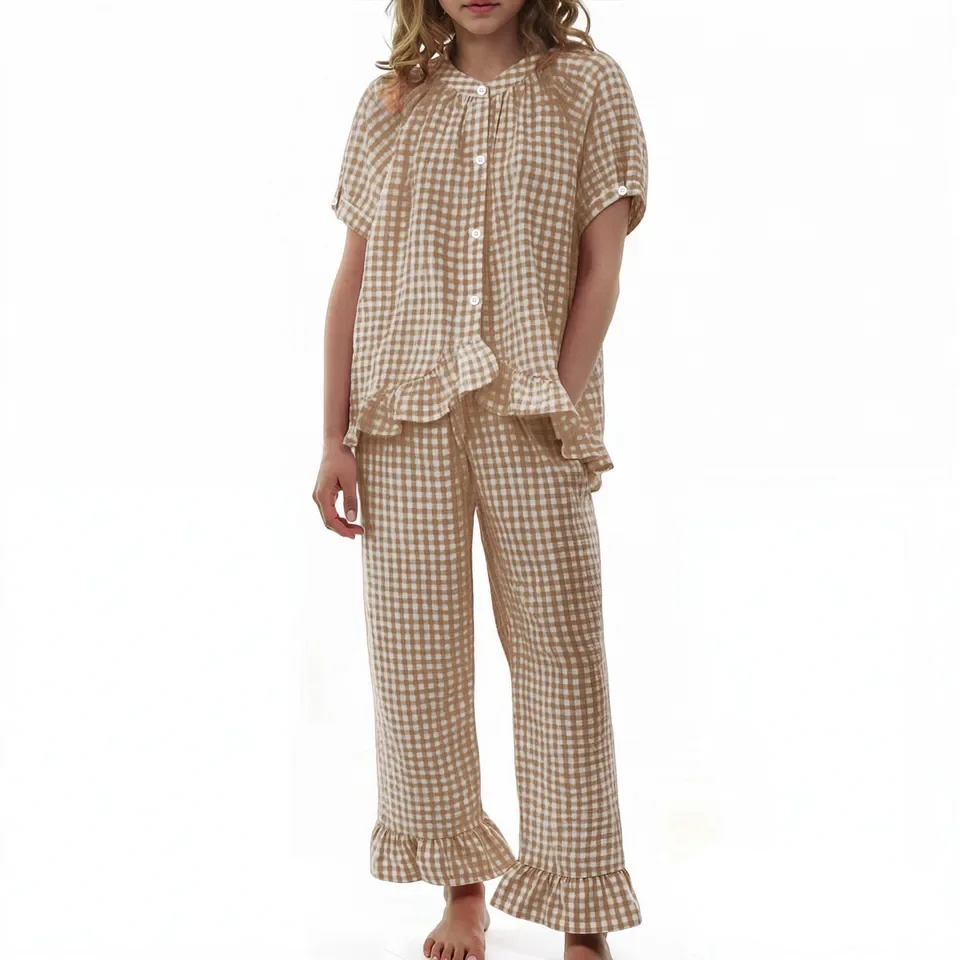 Women 2 Piece Pajama Set Plaid Sleepwear Ruffles Button Down Puff Short Sleeve Tops Pants Pj Lounge Sets Nightgown Home Clothes