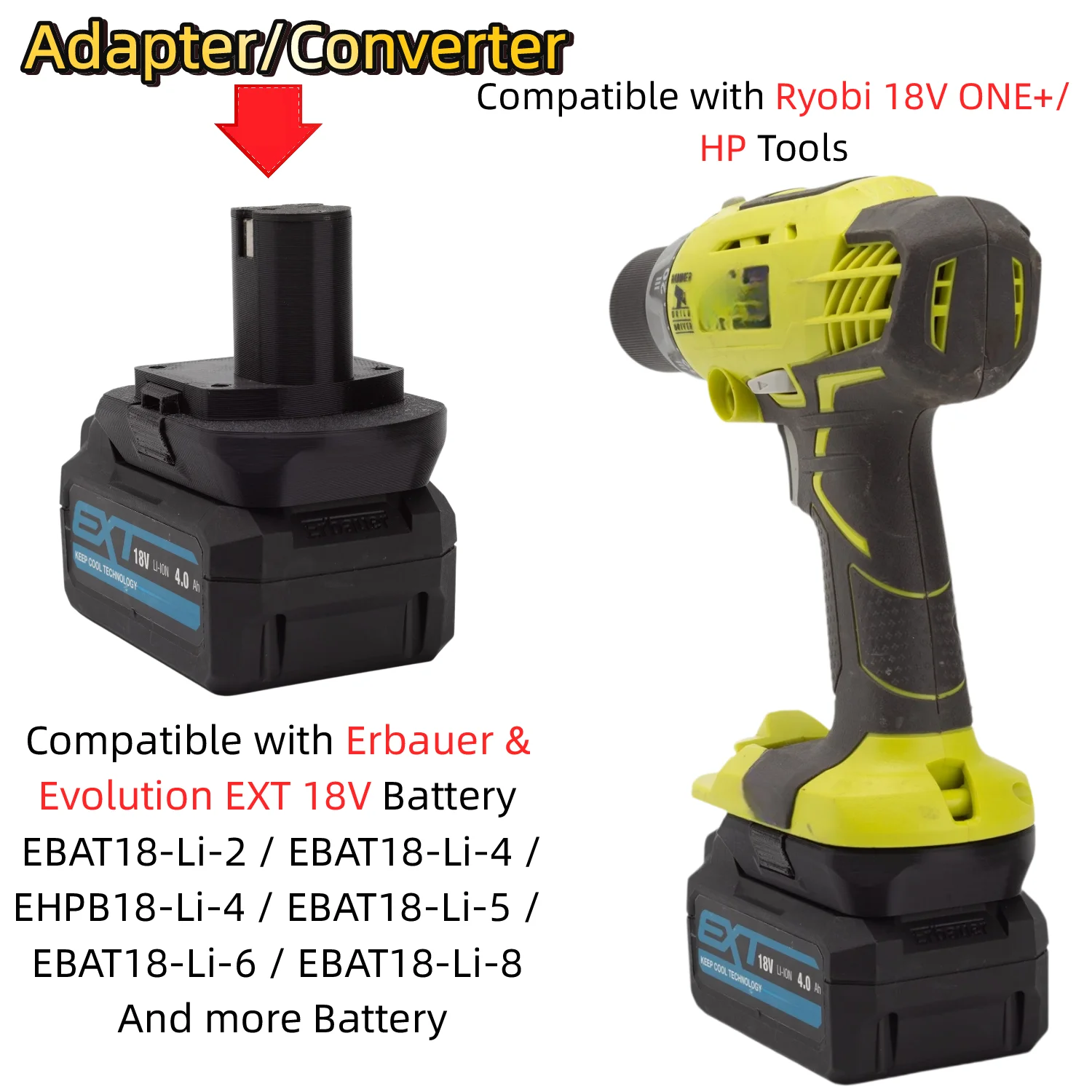 Battery Adapter/Converter for Erbauer & Evolution EXT 18V Battery TO Ryobi 18V ONE+/HP Power Drill Impact Wrench(Only Adapter)