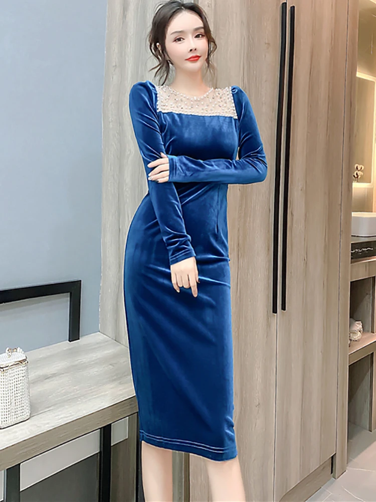 2024 Blue Velvet ChicเพชรSheer Square Collarเซ็กซี่Midiชุดผู้หญิงเกาหลีVINTAGEฤดูใบไม้ร่วงฤดูหนาวElegant PARTY DRESS