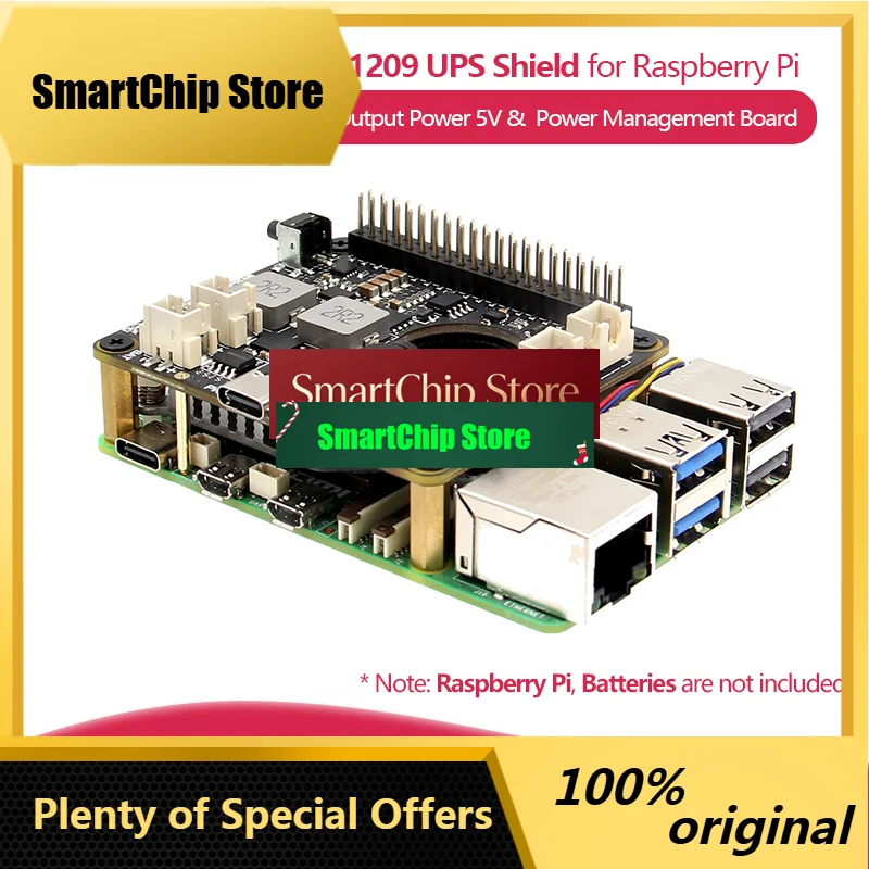 SmCpGeekworm X1209 V1.0 5V UPS HAT Power Management Board For Raspberry Pi 5 / 4B / 3B (Batteries Not Included)