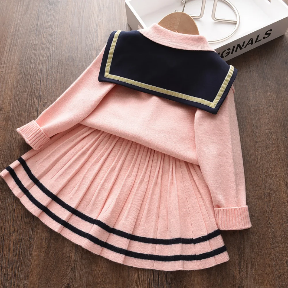 Collar Bow Knit Cardigan Set for Winter Long Sleeved Collar Bow Sweater+pleated Skirt Sets Student Clothing Girls Clothes