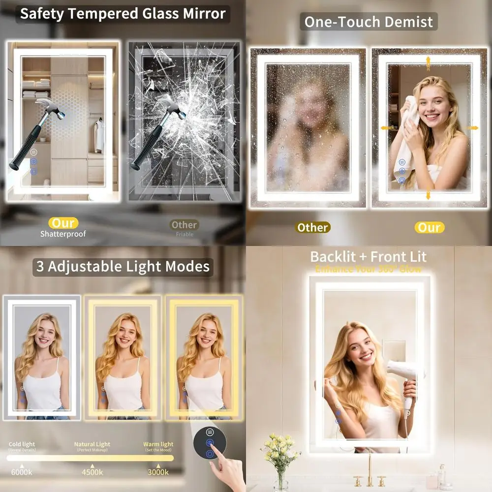 

LED Illuminated Vanity Mirror, 26x38, Anti-Fog, Backlit & Front Lit, Dimmable, 3 Color Options, Tempered Glass Bathroom Mirror