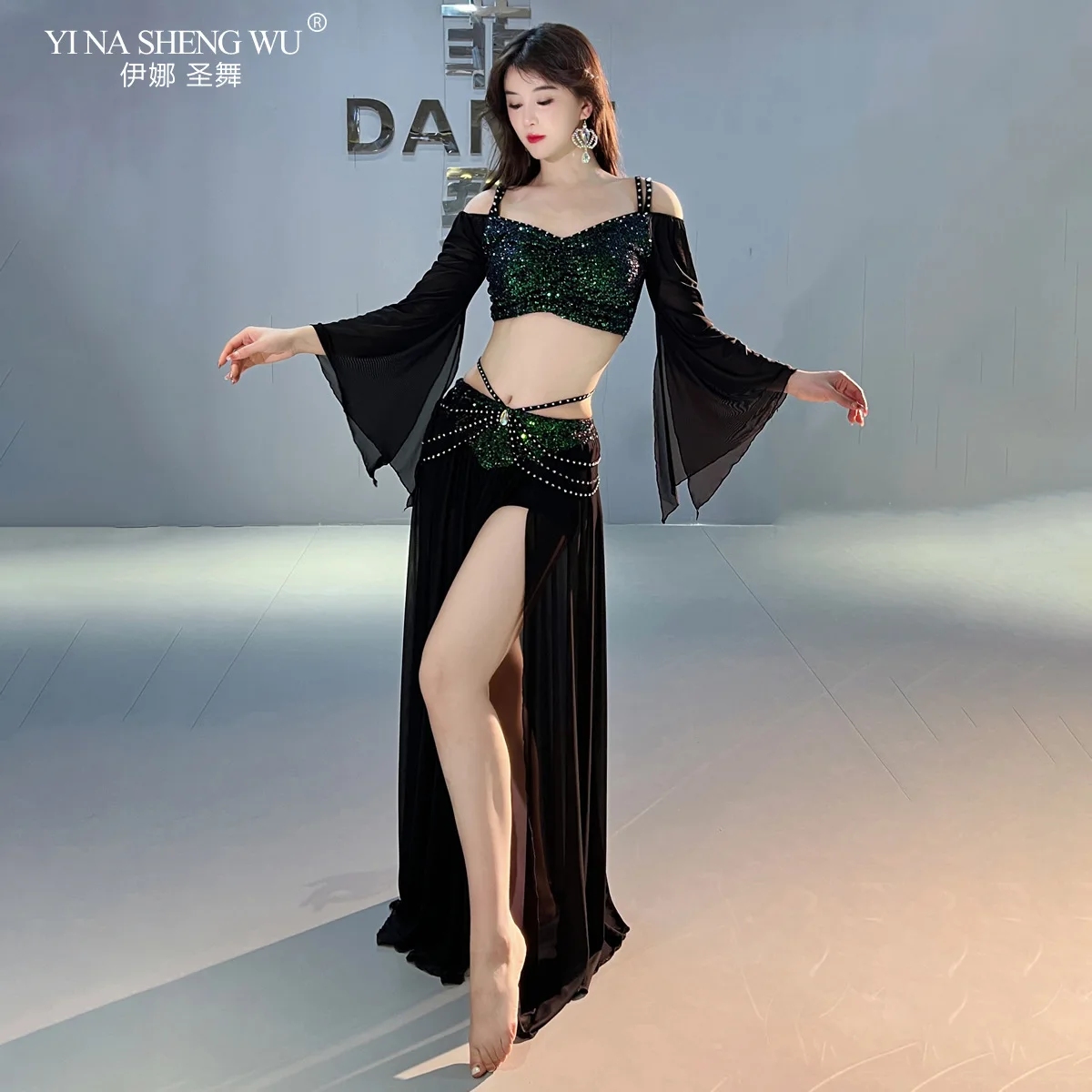 Belly Dance Performance Costume for Women Off Shoulder Rhinestone Top+Long Skirt Training Set Oriental Dancing Wear Outfits