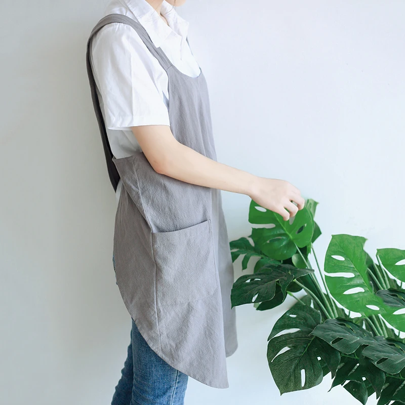 Waterproof  Women Cotton Linen Cross Back Apron Japanese Housework Kitchen Cooking Double Pocket Apron Florist Working Apron NEW