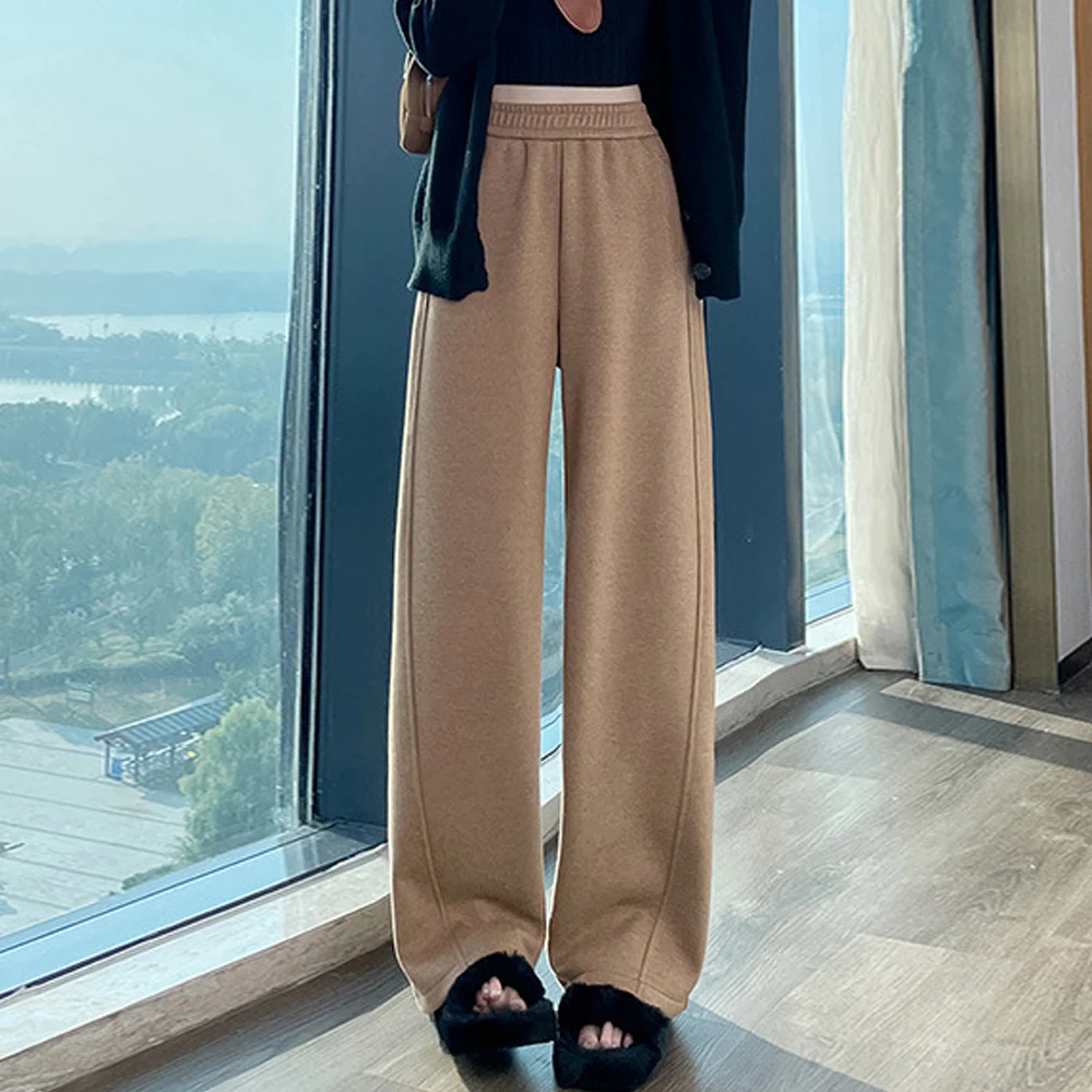 

Korean brown wide leg women's autumn and winter new high-end fashion plus size elastic waist loose straight leg casual pants