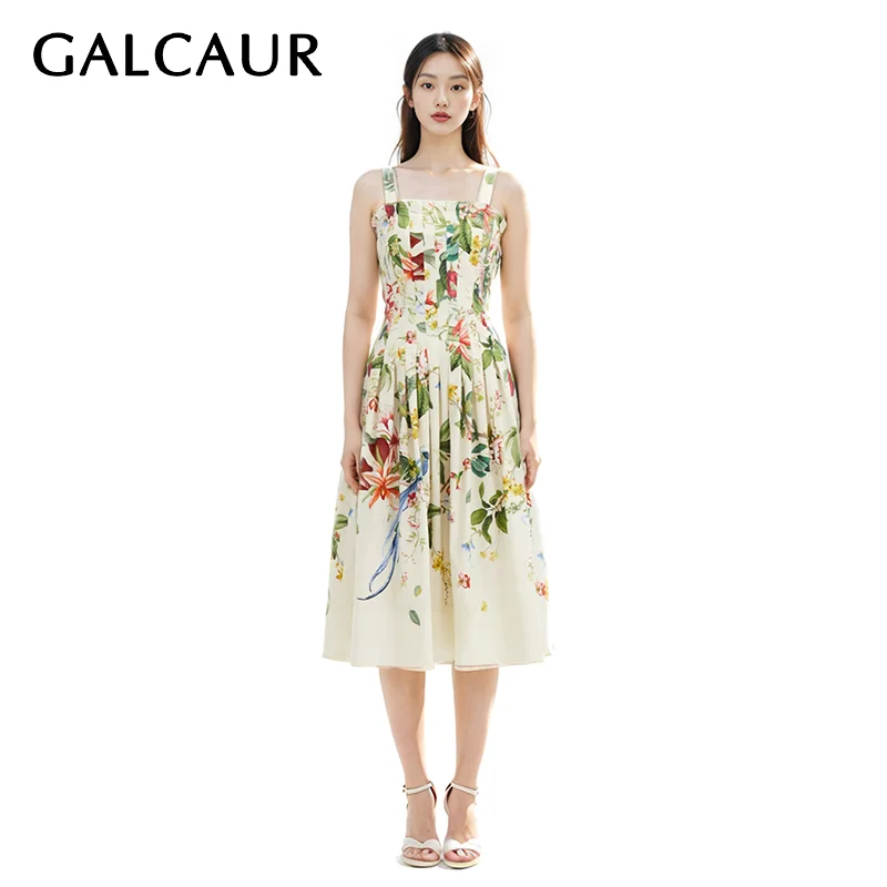 

GALCAUR Print Sexy Camisole Dresses For Women Square Collar Sleeveless High Waist Pleated Loose A Line Dress Female Designer New