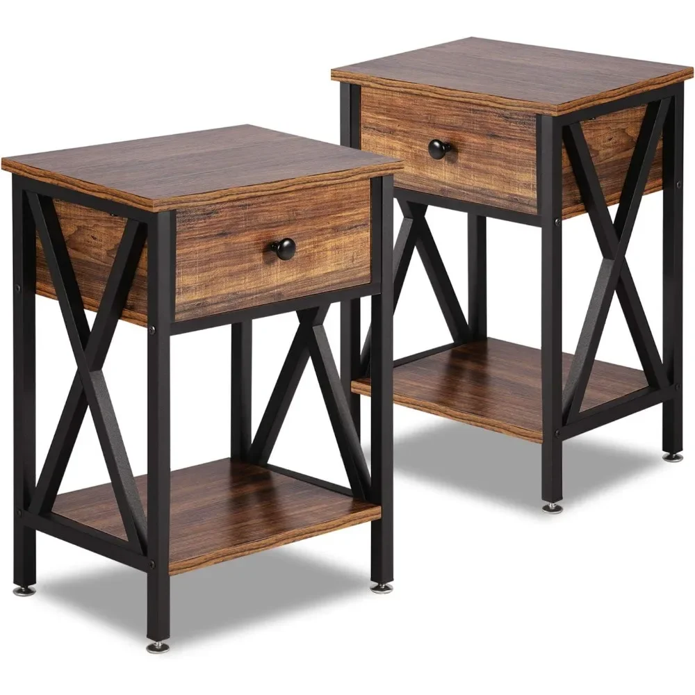 

Modern Versatile Nightstands X-Design Side End Table Night Stand Storage Shelf with Bin Drawer for Bedroom, Set of 2