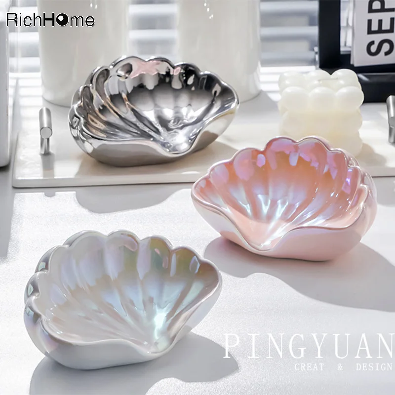 Ceramic Drain Soap Box, Luxury Shell Soap Dish Bathroom Accessories Soap Holder Draining Box Creative Desk Jewelry Display Tray