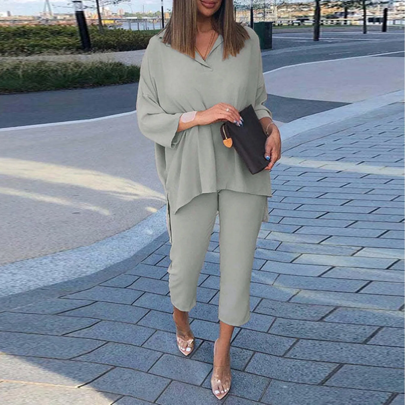 Womens Urban Outfits Solid Color Suit V Neck Nine Point Sleeve T Shirt Blouse Nine Point Pants Suits Two Piece Loose Sets Mujer